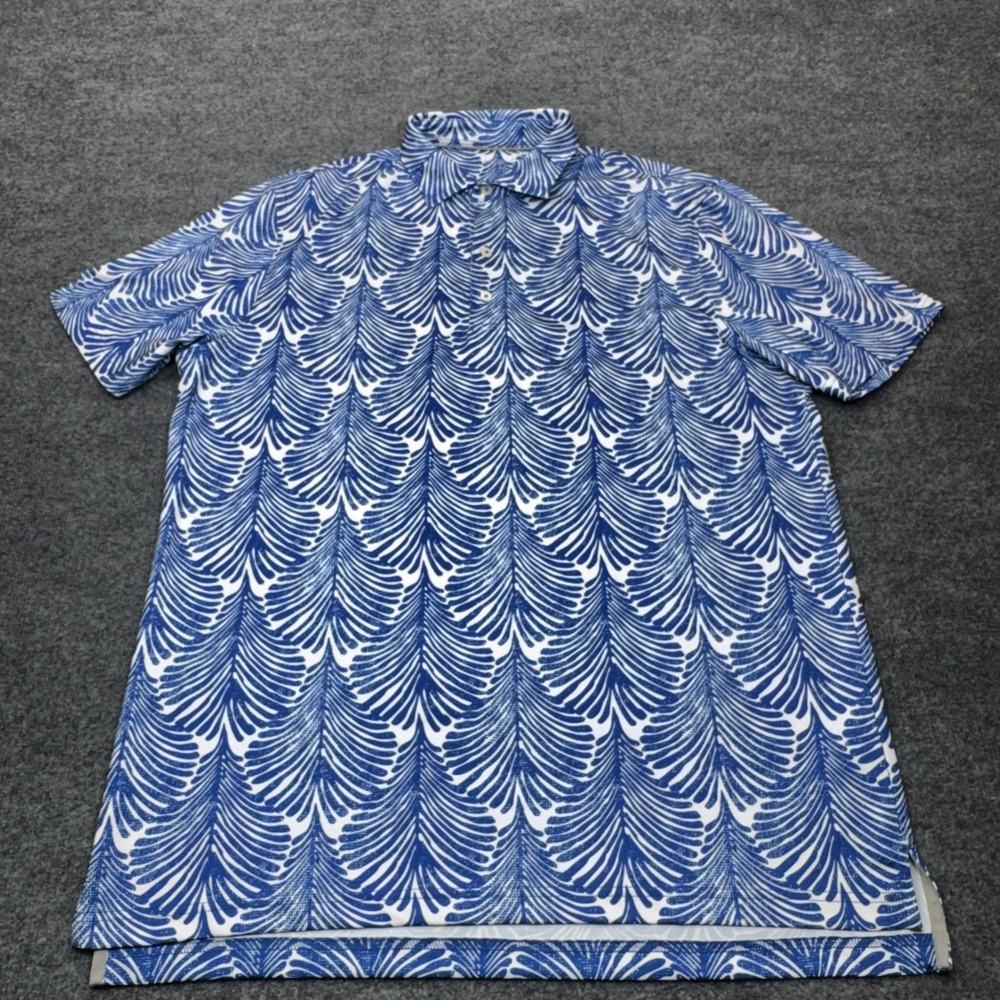 johnnie-O Polo Shirt Mens Large Blue White Palm Leaf Performance Golf Preppy